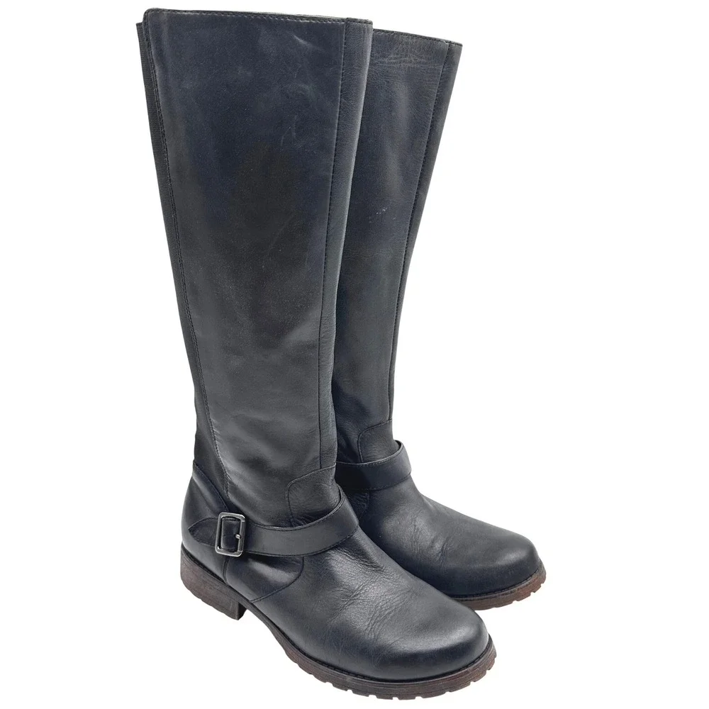 Kenneth Cole New York Womens Black Leather Tall Riding Boots Buckle Size 9